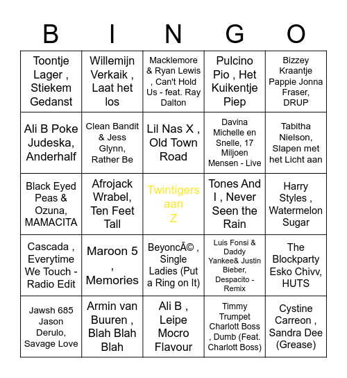 Twintigers aan Z Bingo Card