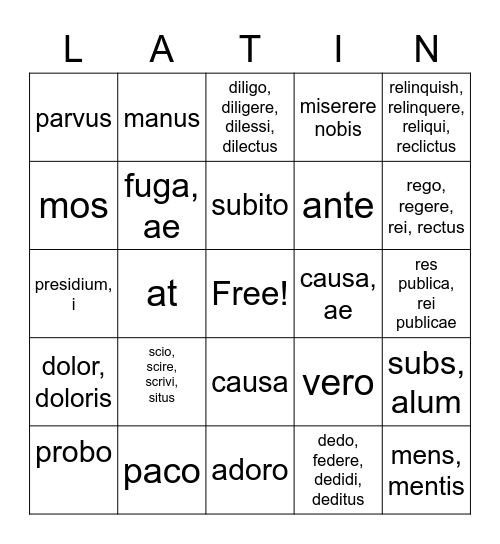 Latin Bingo Card