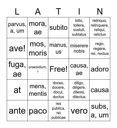 Latin Bingo Card