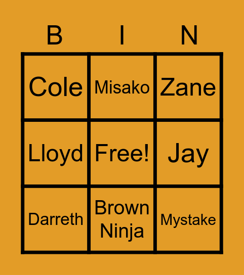 Ninjago Bingo Card