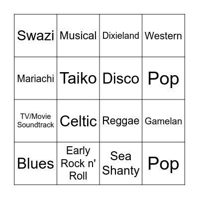 Music Genre Bingo Card