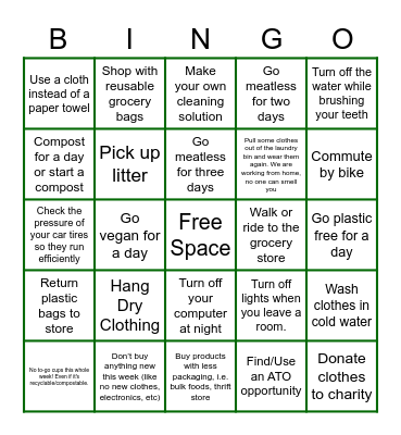 2021 Green Week Bingo Card