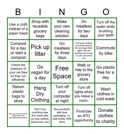 2021 Green Week Bingo Card