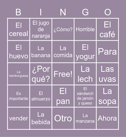 La Comida BINGO Card