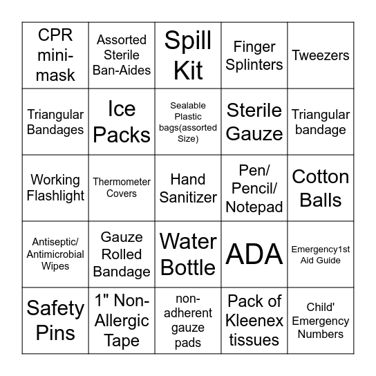 First Aid Bingo Card