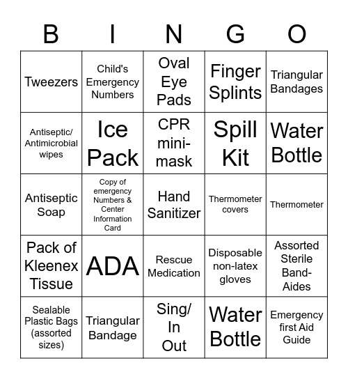 First Aid Bingo Card