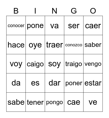 Go Yo Verbs Bingo Card
