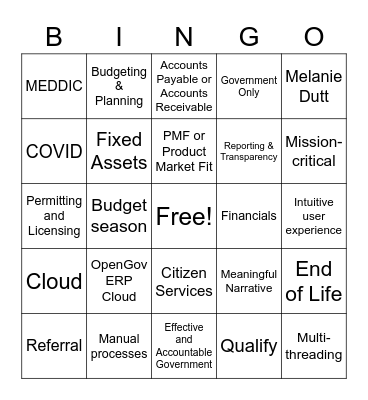 Cartegraph and OpenGov Bingo Card