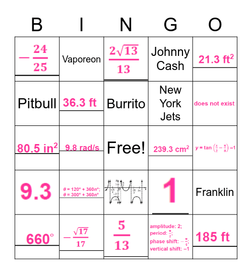 Trigonometry Chapter 4 Bingo Card