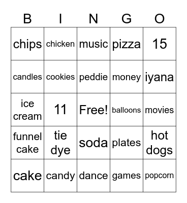 Iyana 15th birthday bingo Card