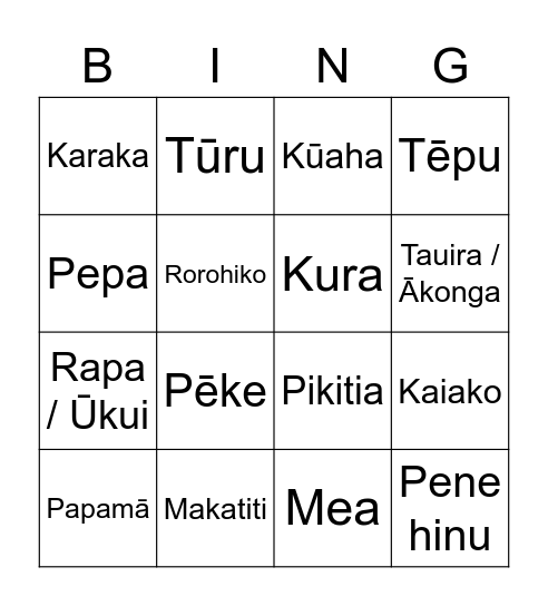 Kupu Akomanga Bingo Card