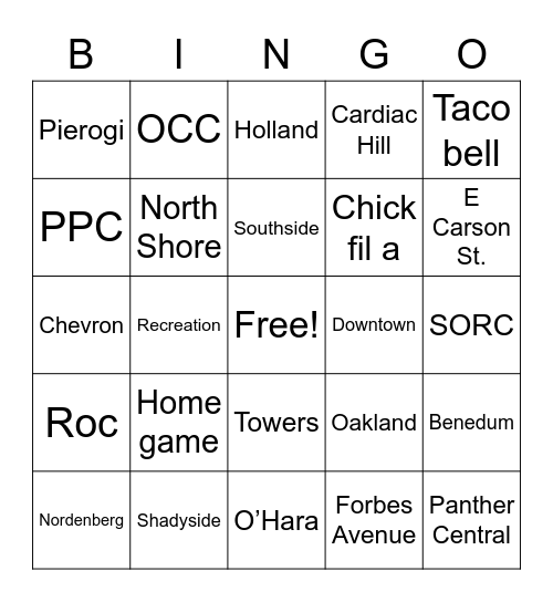 Pitt Bingo Night Bingo Card