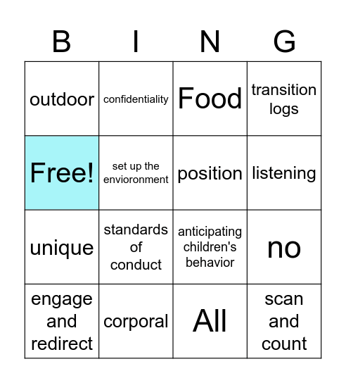 Standards of Conduct/Active Supervision Bingo Card