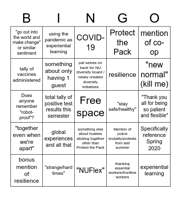 NEU Graduation 2021 Bingo Card
