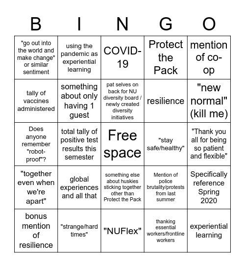 NEU Graduation 2021 Bingo Card