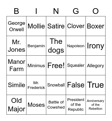 Animal Farm Bingo Card