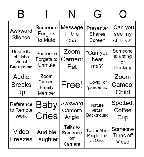 Zoom Meeting Bingo Card