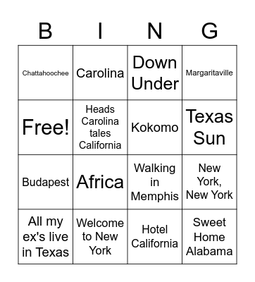 Songs about Places <3 Bingo Card