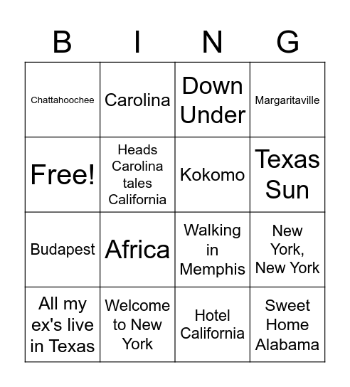 Songs about Places <3 Bingo Card