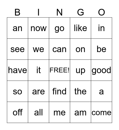 Sight Word Bingo Card