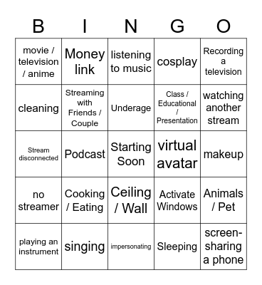 nobody.live Just Chatting edition Bingo Card