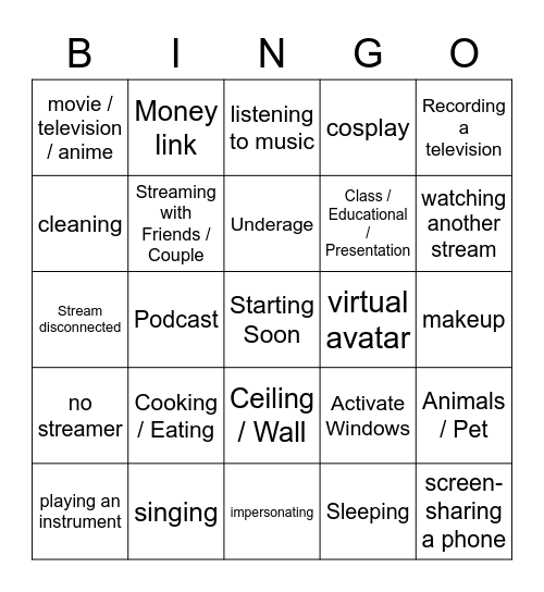 nobody.live Just Chatting edition Bingo Card
