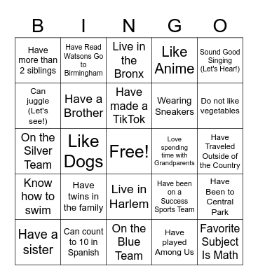 HNW Family BINGO Card
