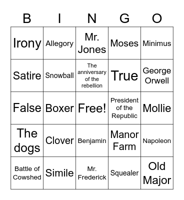 Animal Farm Bingo Card