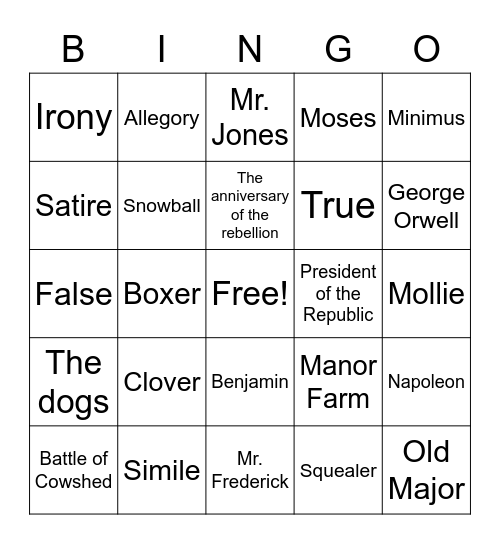 Animal Farm Bingo Card