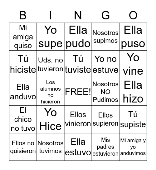 Irregular Preterite Bingo Card