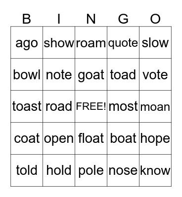 Long O Words Bingo Card