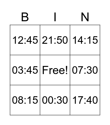 TELLING TIME Bingo Card