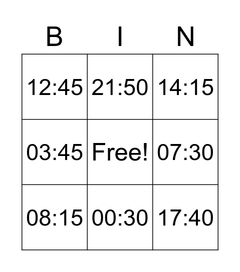 TELLING TIME Bingo Card