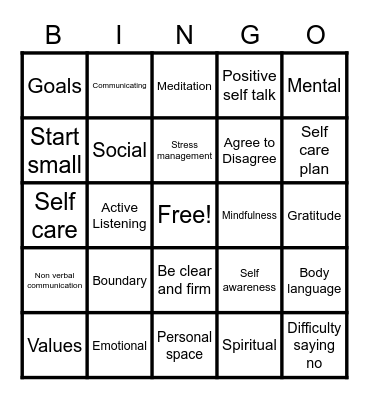 Self care and the importance of setting boundaries and healthy communication. Bingo Card