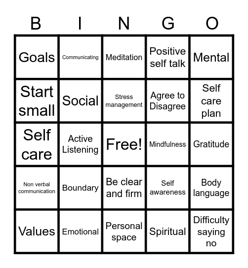 Self care and the importance of setting boundaries and healthy communication. Bingo Card