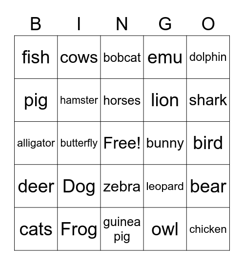 Animals Bingo Card