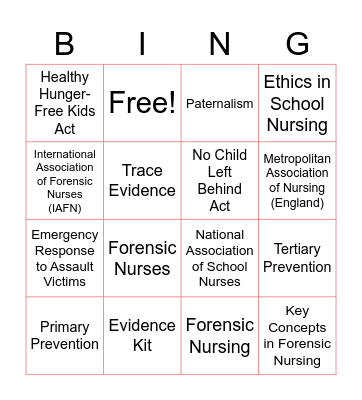 School Nursing & Forensic Nursing Bingo Card