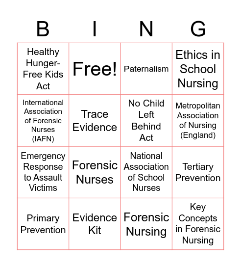 School Nursing & Forensic Nursing Bingo Card