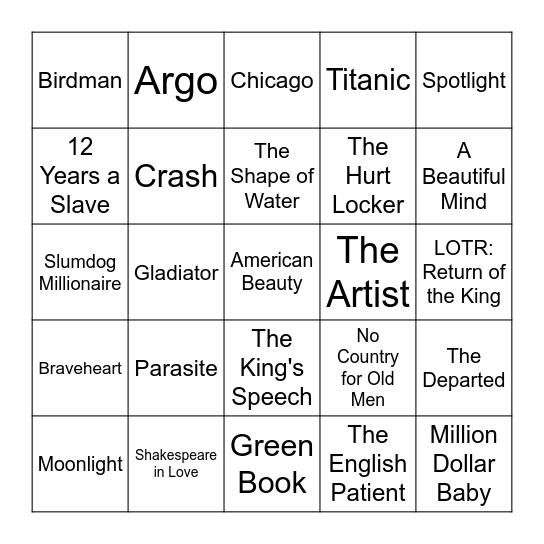 Best Picture Bingo Card