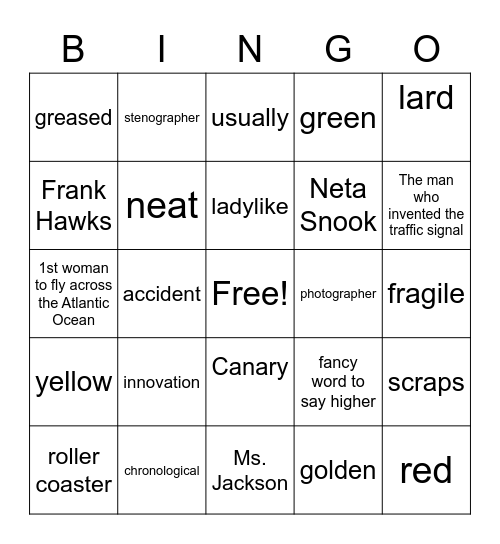 Vocabulary BINGO Card