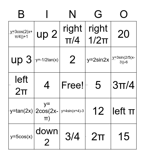 Trig Graph Bingo Card