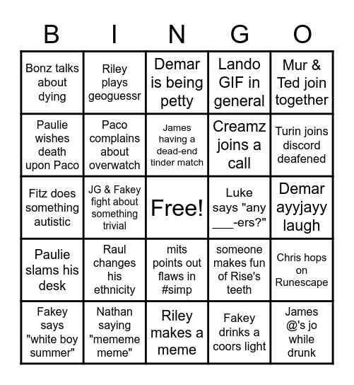 Boys Room Bingo Card