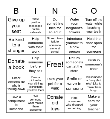 Random Acts of Kindness Bingo Card