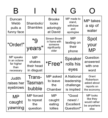 Question Time Bingo Card