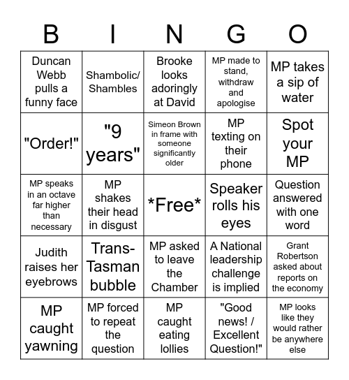 Question Time Bingo Card