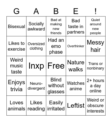 How similar to you are Gabe? Bingo Card