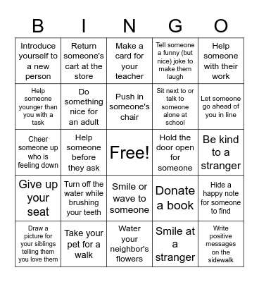 Random Acts of Kindness Bingo Card