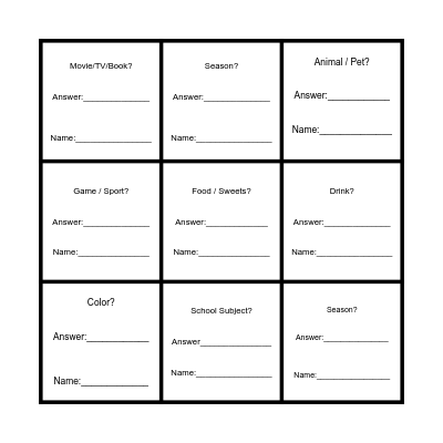 What's your favorite.....? Bingo Card