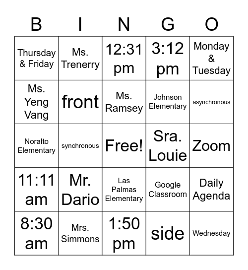 Our School Info Bingo Card