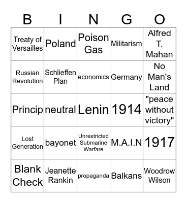 WWI Card 1 Bingo Card